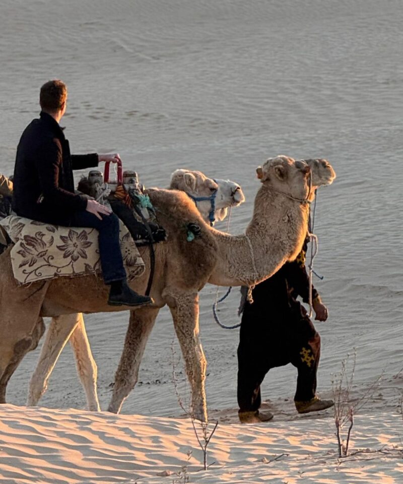 Excursion en dromadaire au coucher du soleil dans les dunes du Sahara tunisien.